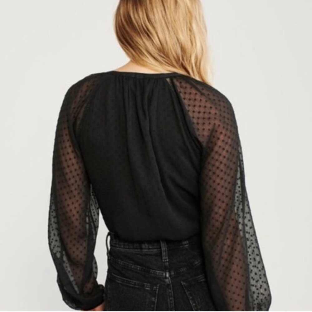 Black Long Sleeve Chiffon Dot Sheer Puff Sleeve Bodysuit NWOT - Picture 2 of 5